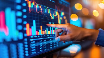 Poster - Hand Pointing at Stock Market Graph on Computer Screen