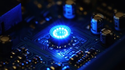 Poster - A close-up of a circuit board featuring a glowing blue LED light.