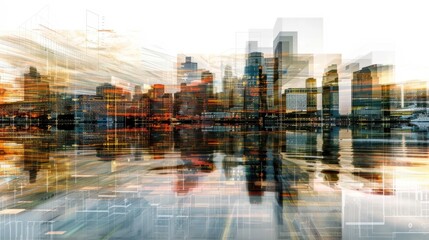 Wall Mural - Vibrant Cityscape Reflection in Water at Sunset