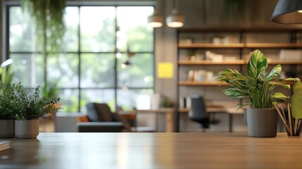 Poster - A modern workspace featuring plants, bookshelves, and natural light for a productive atmosphere.