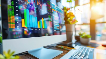Poster - Modern Office Desk with Stock Market Data Display