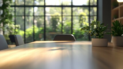 Poster - A serene workspace with a wooden table and potted plants, illuminated by natural light.