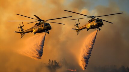 two firefighting helicopters in action dropping water