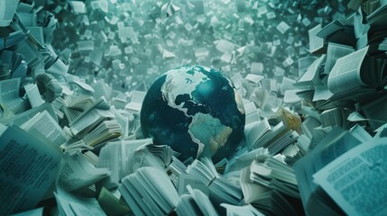 Poster - Earth Surrounded by Floating Pages in Dreamy Atmosphere