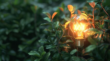 Canvas Print - Light Bulb Glowing Among Green Leaves in Nature