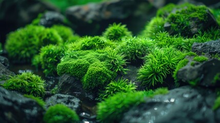 Poster - Vibrant Green Moss on Rocky Surface in Nature