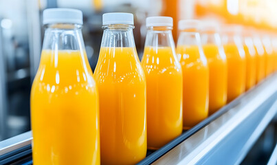 A close-up view of a line of orange juice bottles on a conveyor belt in a food processing factory.