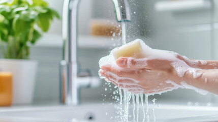 Washing hands with soap under running water, showcasing cleanliness and hygiene. image captures essence of personal care and health in bright, inviting kitchen setting