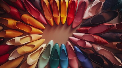 Shoes arranged in a color wheel formation in an elegant boutique, from casual sneakers to high-end heels, emphasizing texture and design