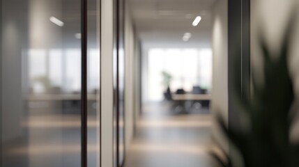 Poster - Blurred view of a modern office corridor with glass partitions and plants.