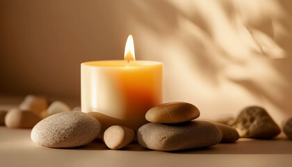 Aroma candle on beige background. Warm aesthetic composition with stones. Cozy home comfort, relax