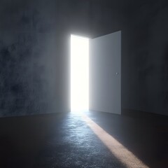 3D render of light shining through an open door into a dark room filling the space with bright white light