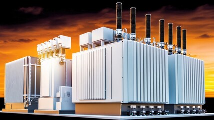 Poster - Industrial Electrical Equipment Against Sunset Background