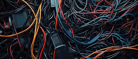 Close-up of tangled colorful cable in a messy pile.