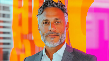 Canvas Print - A confident man in a suit smiles against a colorful background.