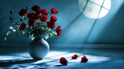 Canvas Print - A vase filled with enchanting blood-red roses adds a romantic touch to a moonlit room, casting soft shadows that enhance