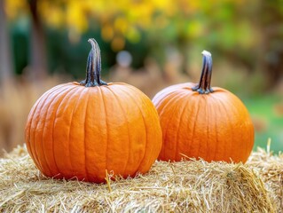 Poster - Pumpkin on hay bales festive holiday decoration autumn market harvest time copy space