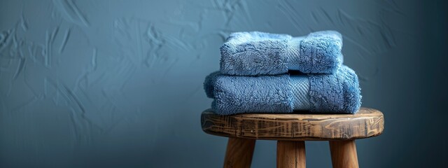 stack of texture towels on blue background. copy space. spa and wellness environments, promoting relaxation and hygiene. banner 