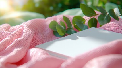 Wall Mural - Blank Book Cover Mockup on Pink Knit Fabric with Eucalyptus Branch