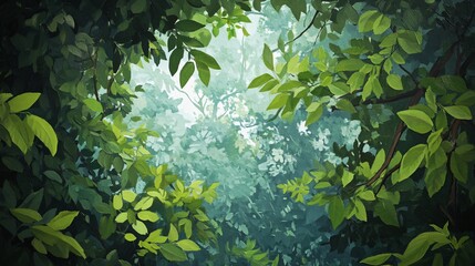 Wall Mural - a painting of green leaves obscuring a misty forest.