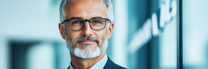 Wall Mural - Confident businessman in a suit and glasses looking at the camera