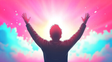 Wall Mural - A man with his arms raised in the air, looking up at a bright pink and blue sky.