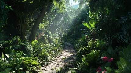 Wall Mural - a pathway through a lush tropical forest, sunlight filtering through the leaves.