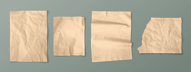 Poster - Torn brown craft paper with wrinkles. Crumpled vintage sheet for scrapbook and collage design. Realistic 3d vector illustration set of wrinkled blank memo note mockup. Ripped cardboard strips.