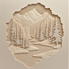 Poster - an abstract image in beige with limited details of a forest, mountain, river and trees cut out