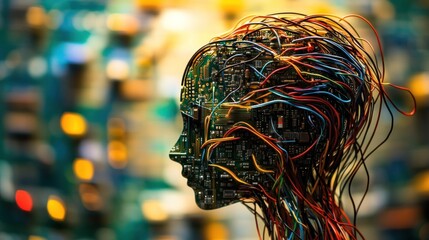 Poster - A digital silhouette of a head made of circuits and wires, symbolizing artificial intelligence.