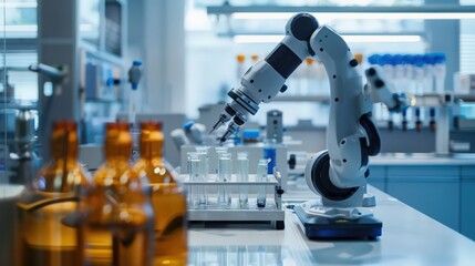 Poster - A high-tech laboratory featuring robotic arms and automated systems, revolutionizing the way scientific research is conducted.