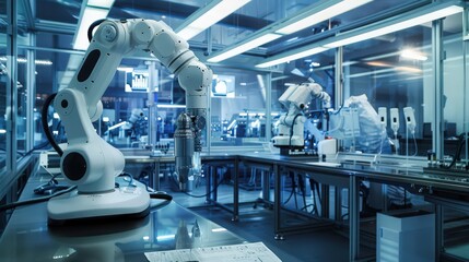 Poster - A high-tech laboratory featuring robotic arms and automated systems, revolutionizing the way scientific research is conducted.