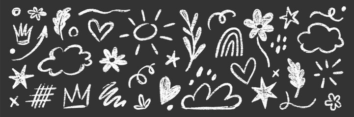 Poster - Kid crayon chalk hand drawn black vector set. Crayon pencil cloud, flower, arrow element doodle black brush hand drawn scribble design. Kid chalk pencil style doodle elements. Vector illustration