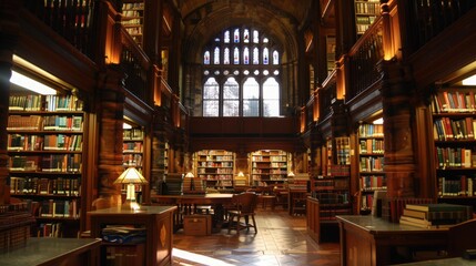 Poster - A science library filled with journals, research papers, and reference books, supporting academic and scientific endeavors.