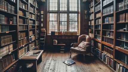 Poster - A serene library filled with rows of wooden bookshelves, each packed with books of all genres, and a cozy reading nook by the window