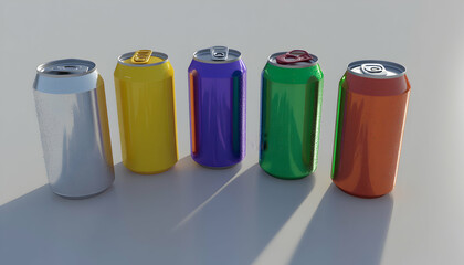 Canvas Print - Five colorful aluminum beverage cans with pull tabs on a white background.