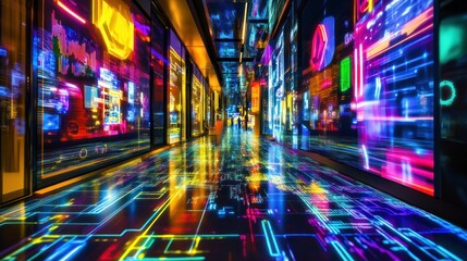 Poster - A vibrant, futuristic corridor illuminated by colorful digital displays and reflections.