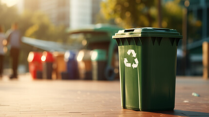 Recycling bin isolated on flat pale green background , eco trash can with copy space.