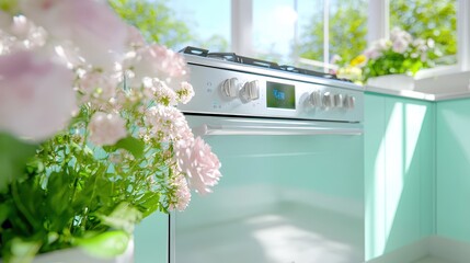 Wall Mural - Modern Kitchen Interior with Mint Green Cabinets and Stainless Steel Stove