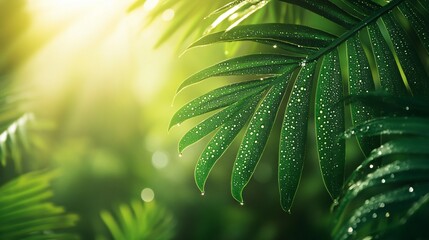 Wall Mural - close up of green leaves with water droplets in the sunlight.