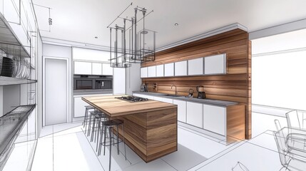 Contemporary Kitchen Interior Design with Sketch Elements and Wood Accents