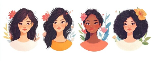 Happy Women's Day diverse woman card cartoon set, Generative AI