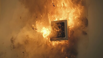 Fire and smoke pour from a wall plug, demonstrating the danger of an electrical malfunction or faulty wiring inside the home.