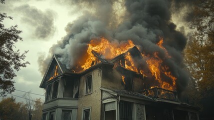 Flames consume the roof of an old house, with thick smoke billowing into the sky, showcasing the devastation of a house fire.