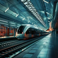 Poster - Depict a passenger train at a modern, high-tech station, with sleek architecture and advanced facilities.