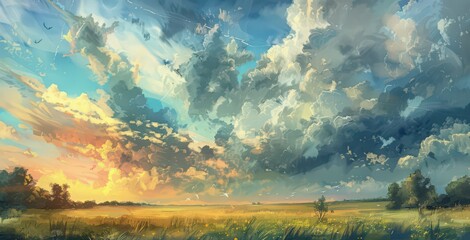 Depict the gradual transformation of a calm, sunny day into a cloudy, overcast one, capturing the changing colors and mood of the sky