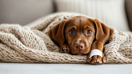 A cute brown puppy resting peacefully under a cozy blanket, showcasing its big eyes and gentle demeanor