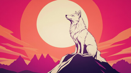 Poster - A white wolf stands on a rocky outcrop, silhouetted against a fiery sunset.