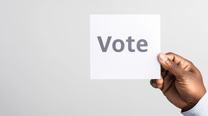 Hand holding a sign that says 'Vote' on a white background.