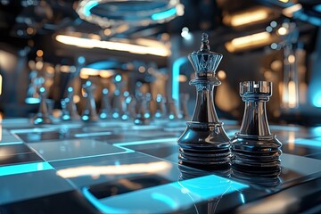 Poster - Close-up of a King and Rook Chess Piece on a Futuristic Chessboard